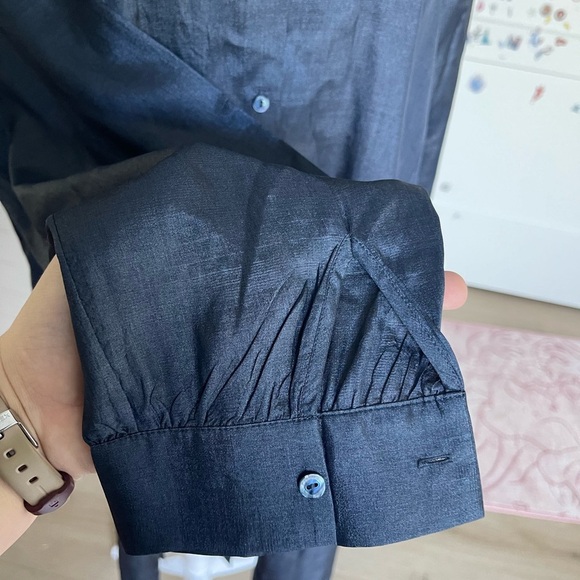 Eileen Fisher Washed Silk Tussah Mandarin Collar Navy Blue Shirtdress - Size XS - Picture 5 of 9
